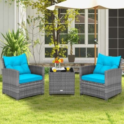 3 PCS Patio Rattan Furniture Bistro Set Cushioned Sofas Side Table Armrest - Image 2
