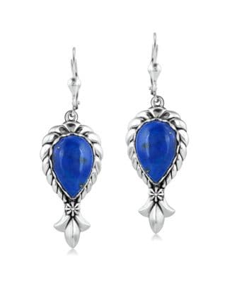American West Jewelry Sterling Silver Denim Lapis Pear Gemstone Squash Blossom Lever Back Earrings