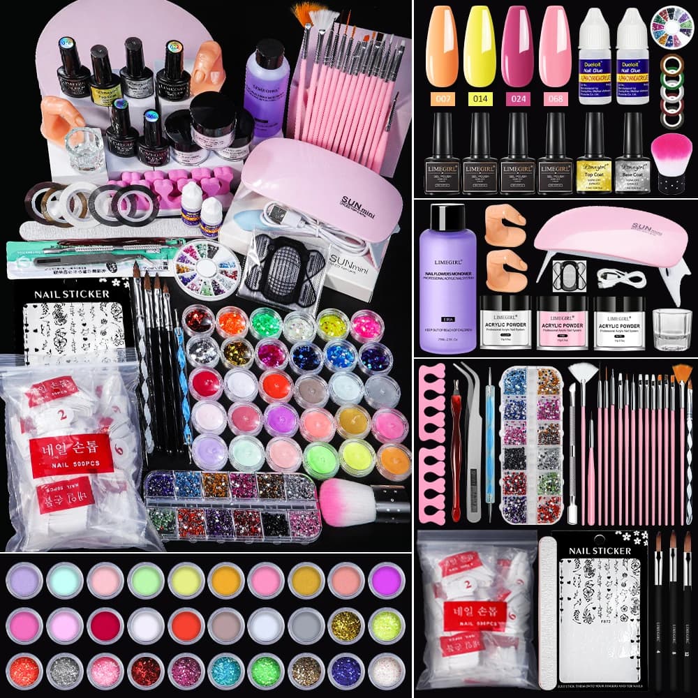 LIMEGIRL Nails Acrylic Powder Manicure Tools Set Trendy Multi Color Acrylic Powder Kit for Nail Extension Nails Art Decoration