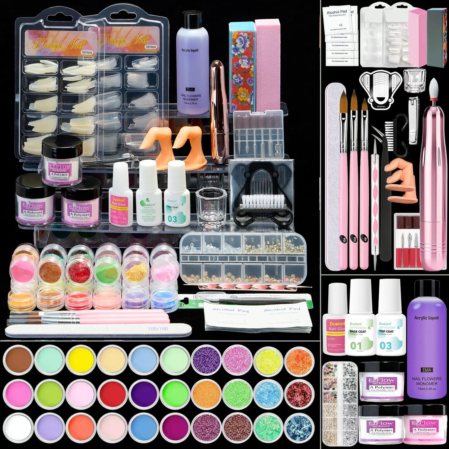 Acrylic Nail Kit for Beginners with Acrylics Powder 30 pcs Glitter Decoration Powder Nails Kit Acrylic Set with Drill Gifts