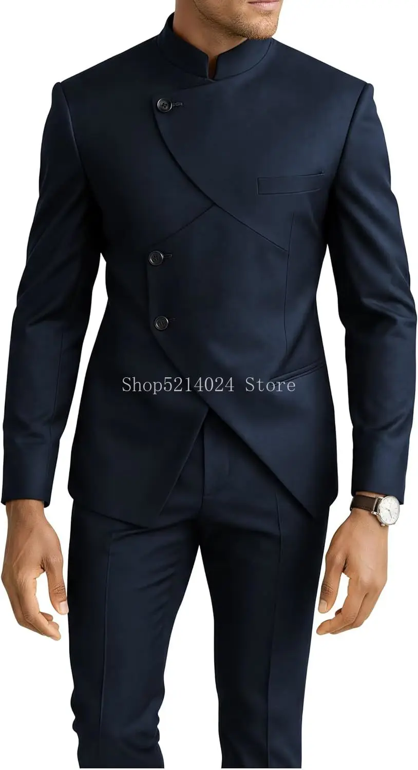 Mens 2 Piece Chinese Suit Mandarin Collar Suits for Men Wedding Prom