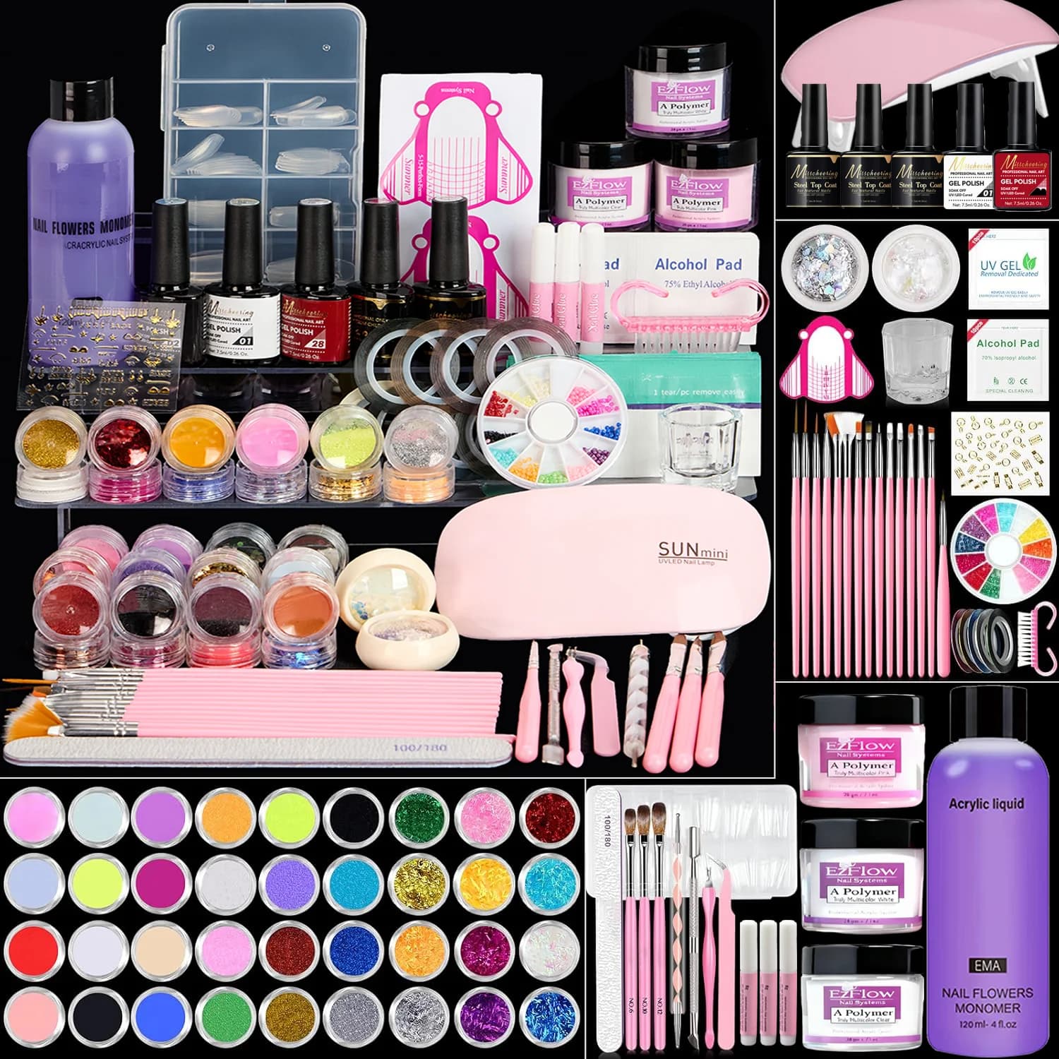 Acrylic Nail Kit All In 1 Nails Kit Acrylic Set with Nail Lamp Monomer Gel Nail Polish Nail Drill Cuticle Remover Home Starter
