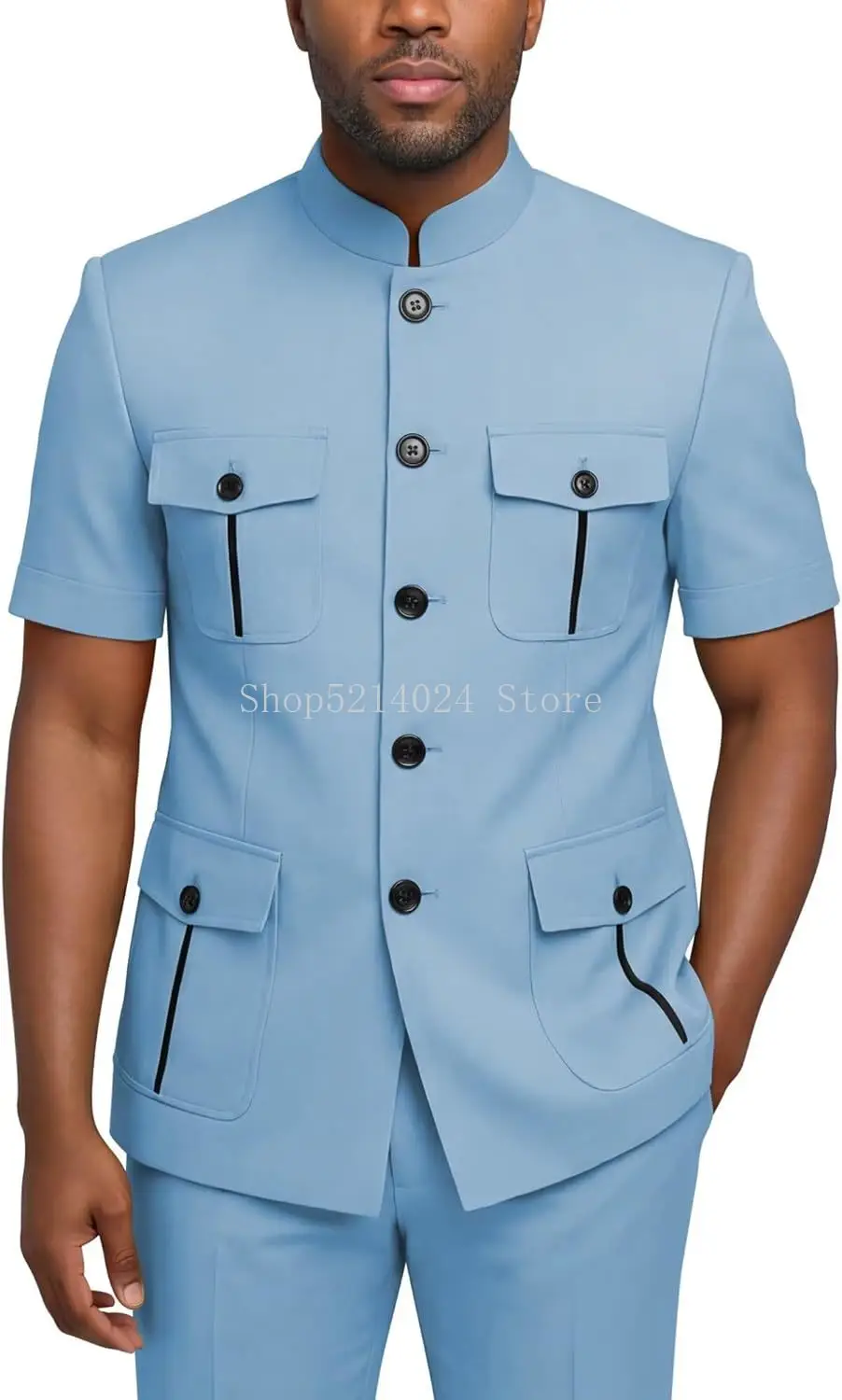Mens Safari Suit 2 Piece Short Sleeve Suits for Men Regular Fit Stand Collar Suit African Clothes