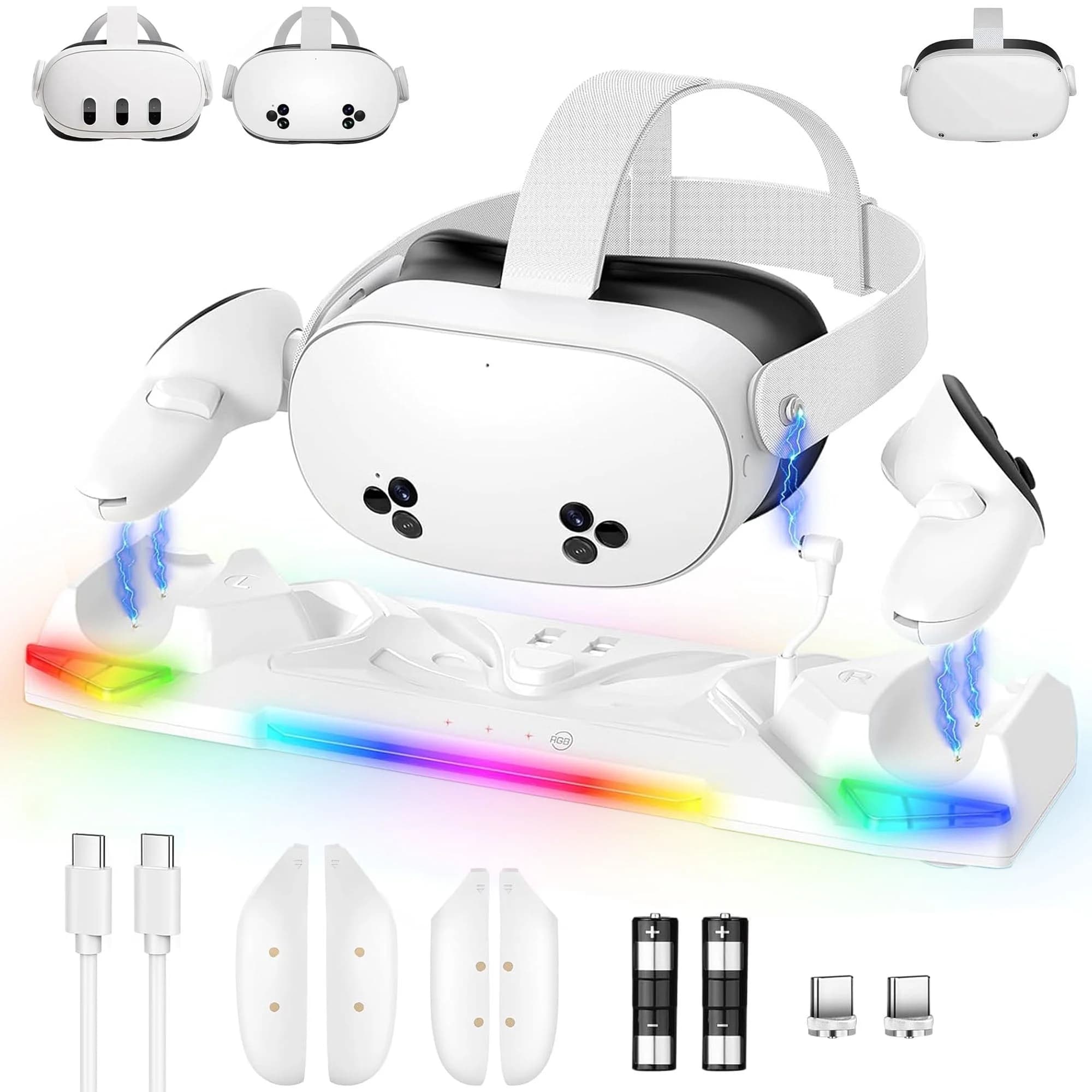 Charging Dock for Oculus Quest 3S/3/2, 30W Fast Magnetic Charger Station Stand for Meta Quest 3S/3 Accessories, with RGB Light, 2 Rechargeable 2100mAh Batteries & Covers for Headset/Controller