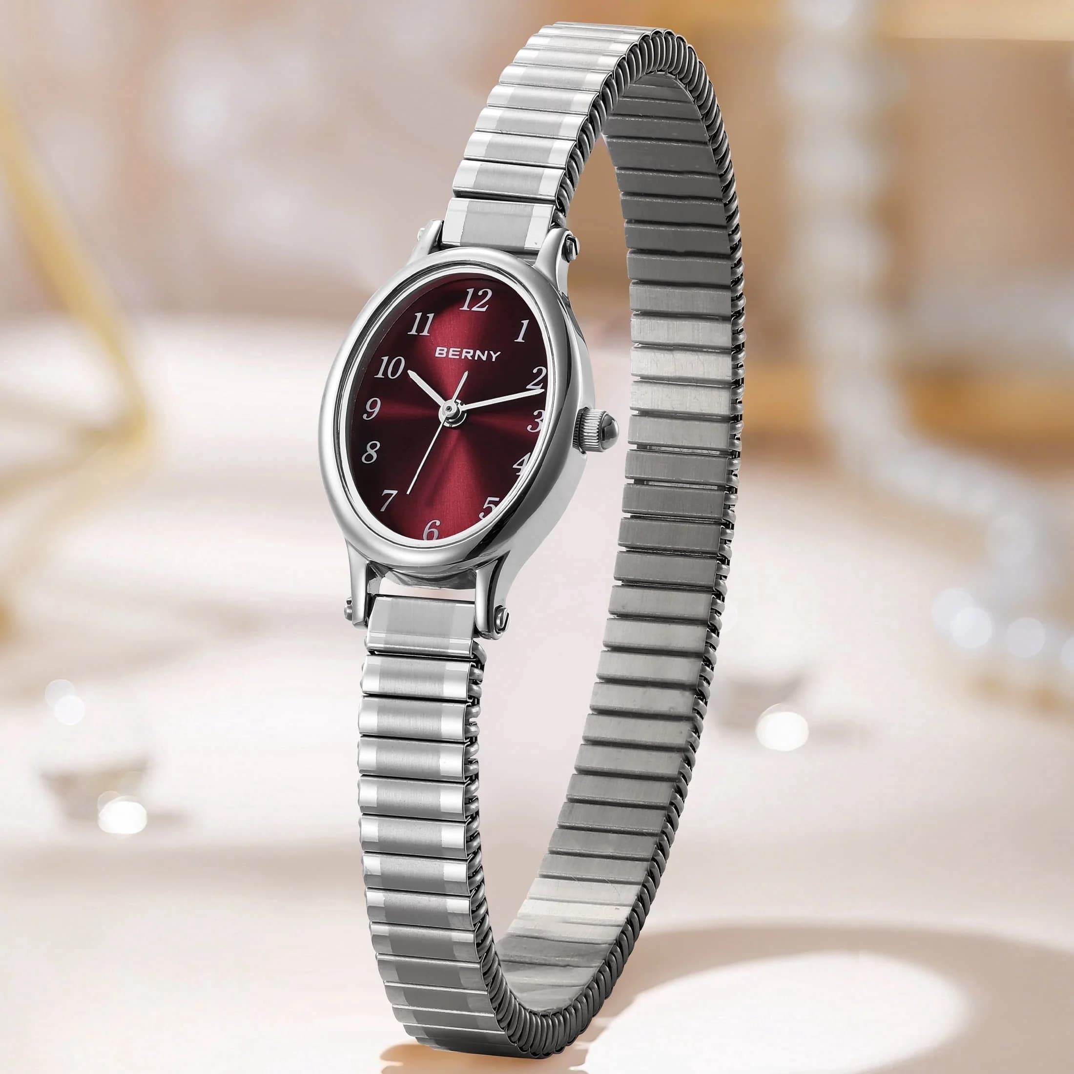 BERNY Small Silver Watches for Women, Dainty Luxury Oval Dial, Expansion Band Watch, Fashion Ladies Analog Quartz Watch, Waterproof Women Wristwatch Gifts, Red