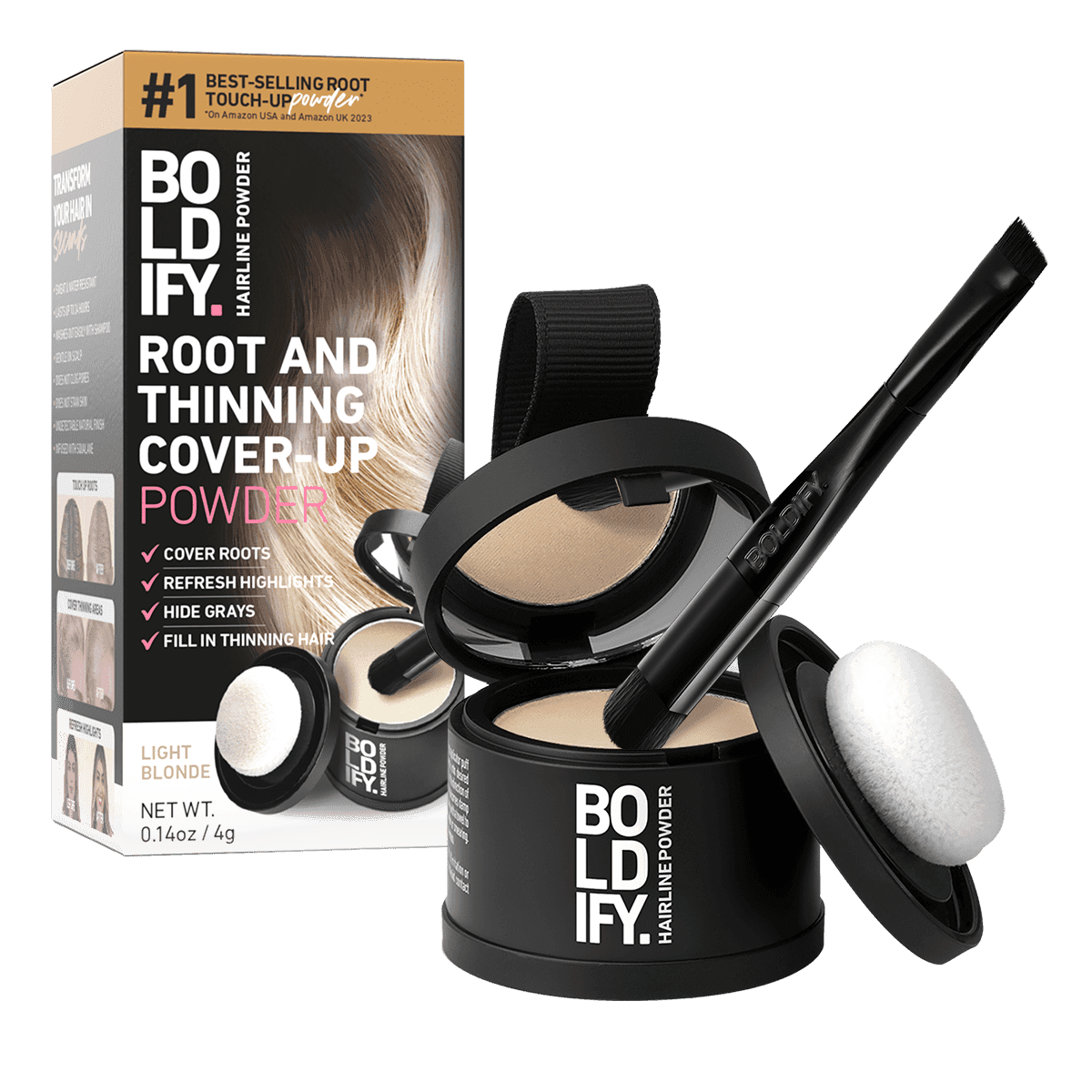 BOLDIFY Root Touch Up Powder with Brush, Covers Thinning Hair & Grays, Water-Resistant, Light Blonde, 4g