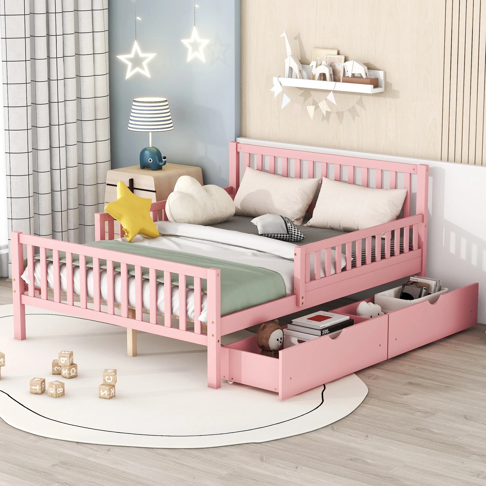 Harper & Bright Designs Full Size Wood Platform Bed with Guardrails on Both Sides for Kids, Platform Bed with 2 Storage Drawers, Wood Platform Bed Frame with Headboard and Footboard, Pink