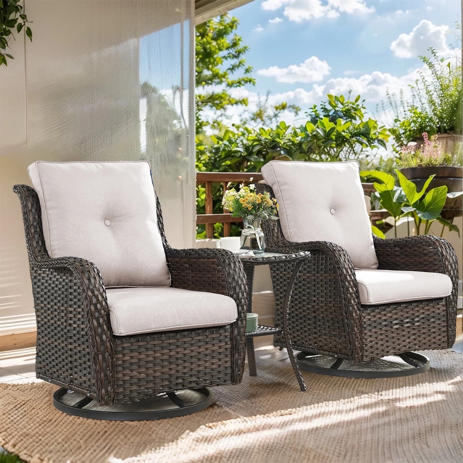 Gymojoy 3 Pieces Outdoor Wicker Swivel Rocker Patio Set,Patio Conversation Set, Swivel Rocking Chairs Set with Side Table( Brown Wicker/Begie Cushion)