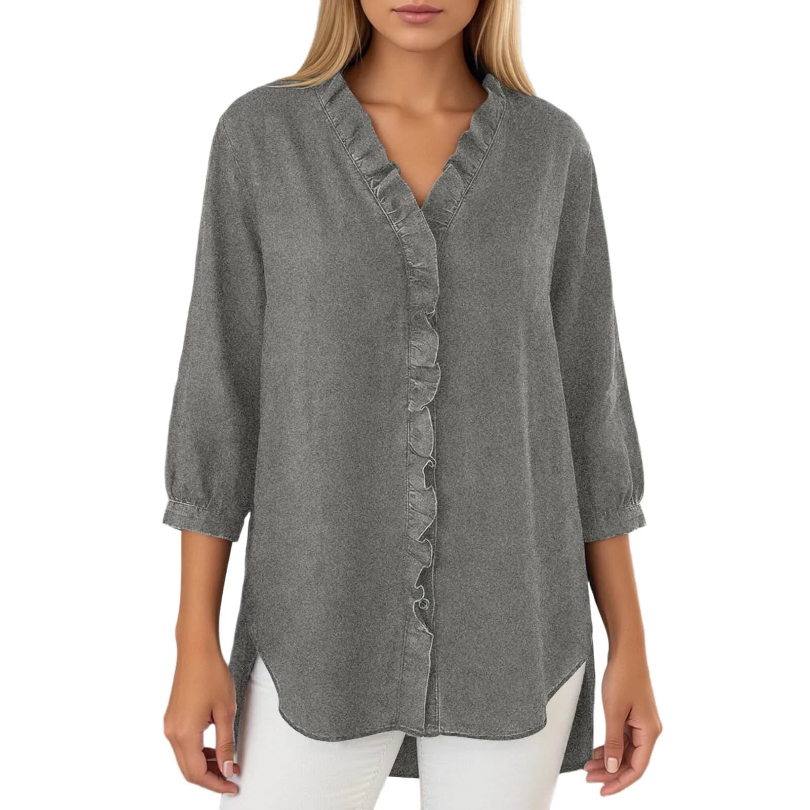 HXWCHs Casual Denim Flounce Hem Blouse with Ruffled Sleeves for Women Spring and Summer tops S Grey