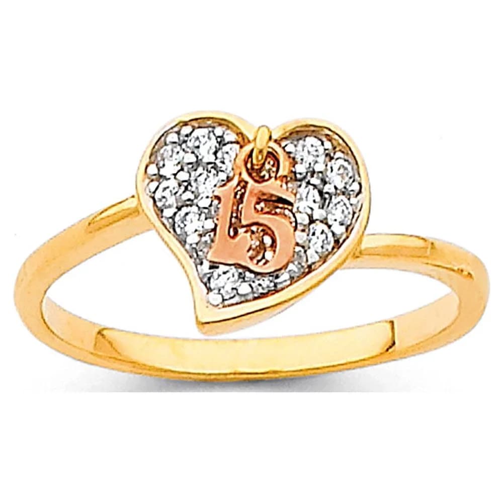 Heart 15 Quinceanera Ring Solid 14k Yellow Rose Gold CZ Quince Band 15 Love Charm Fancy Two Tone, Size 8.5