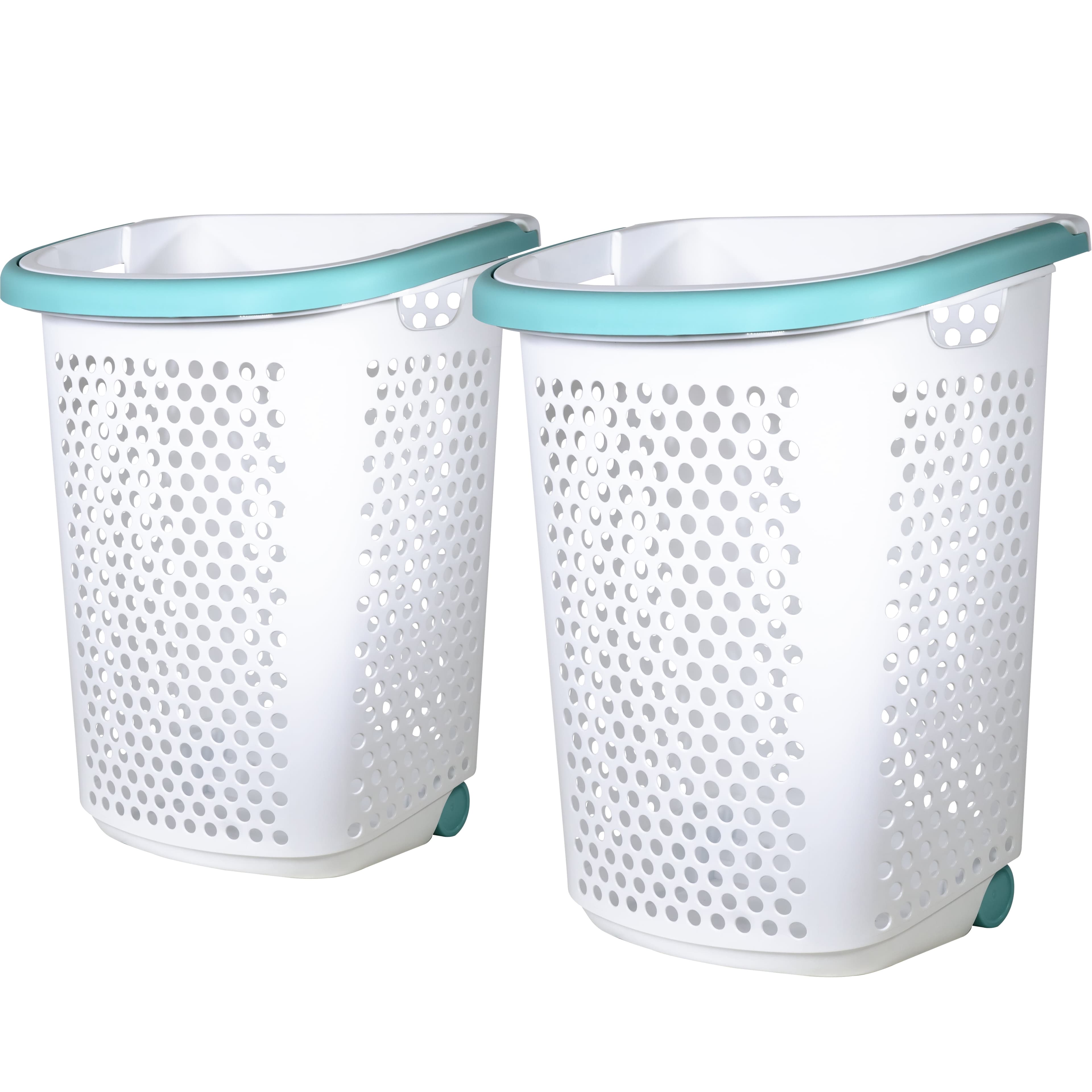 Home Logic 2 Bushel Rolling Plastic Laundry Hamper with Pop-up Handle, White, 2 Pack