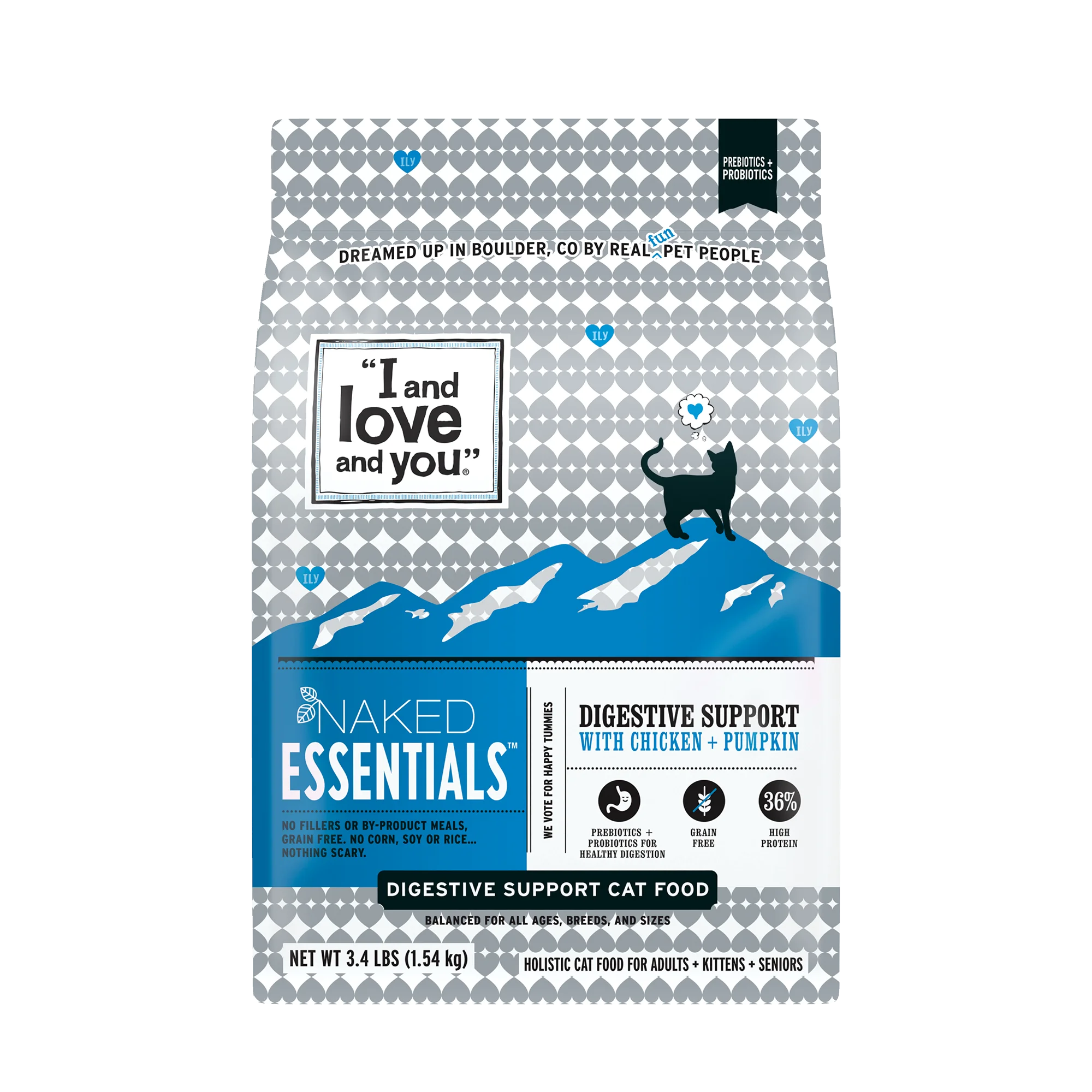 "I and love and you" Naked Essentials Dry Cat Food, Digestive Support Chicken and Pumpkin Recipe, Grain Free, Real Meat, No Fillers, 3.4 lb Bag