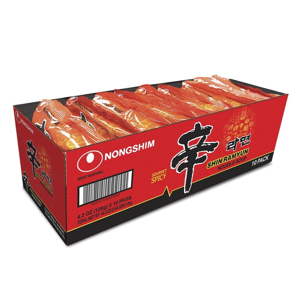 Nongshim Shin Ramyun Spicy Beef Ramen Noodle Soup Pack, 4.02oz X 10 Count, Shelf-Stable
