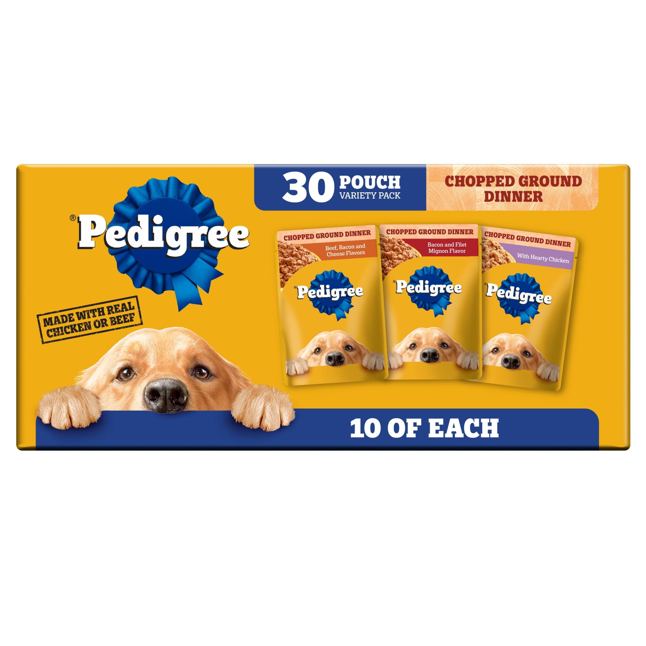 Pedigree Chopped Ground Dinner Beef & Bacon Variety Pack Wet Dog Food, (30) 3.5 Oz Pouches