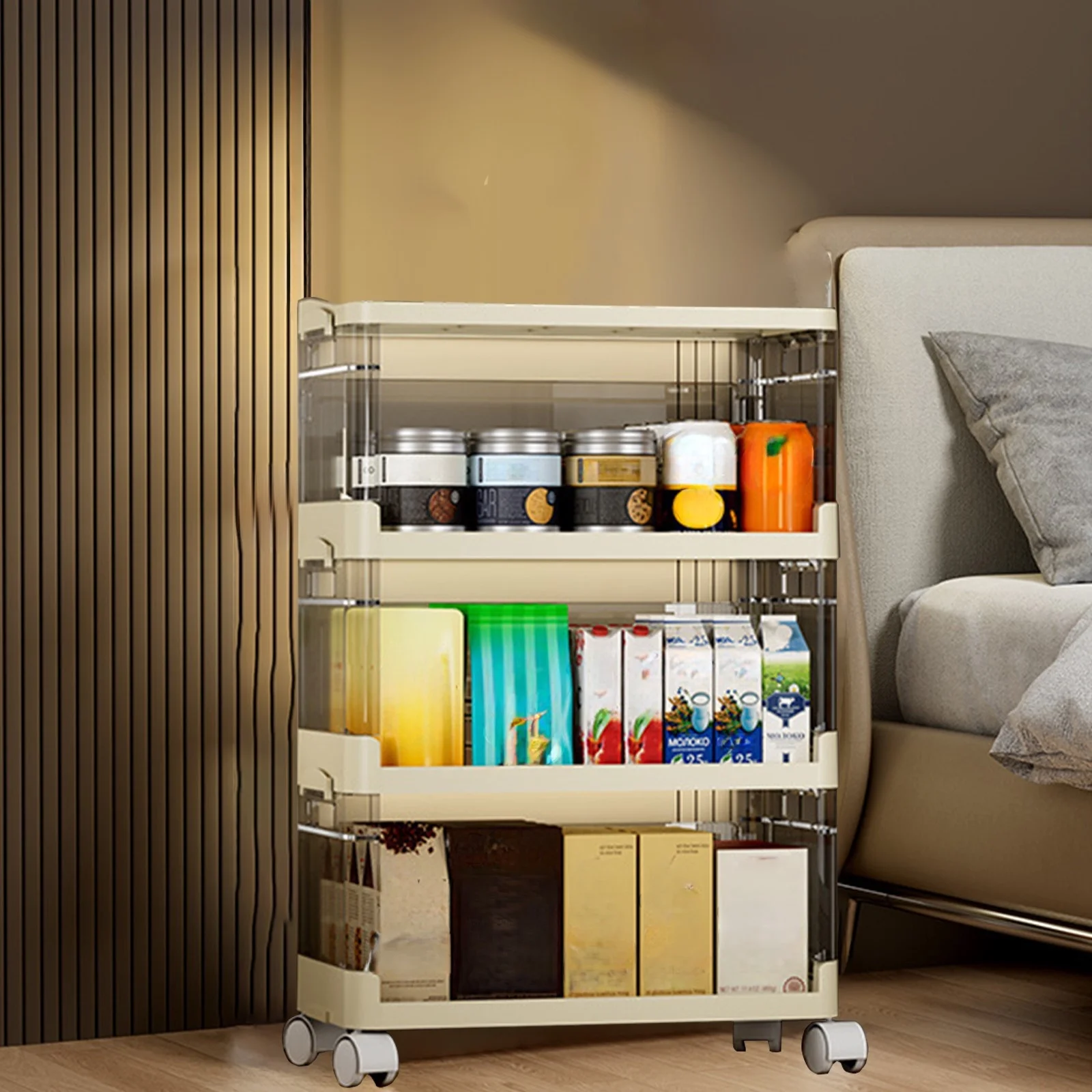 ROLKFUK Homfa 3-Tier Foldable Rolling Storage Cart with Wheels, Multilayer Plastic Shelves Unit for Kitchen Pantry, Living Room, Ba-by Toys Organizer, Beige