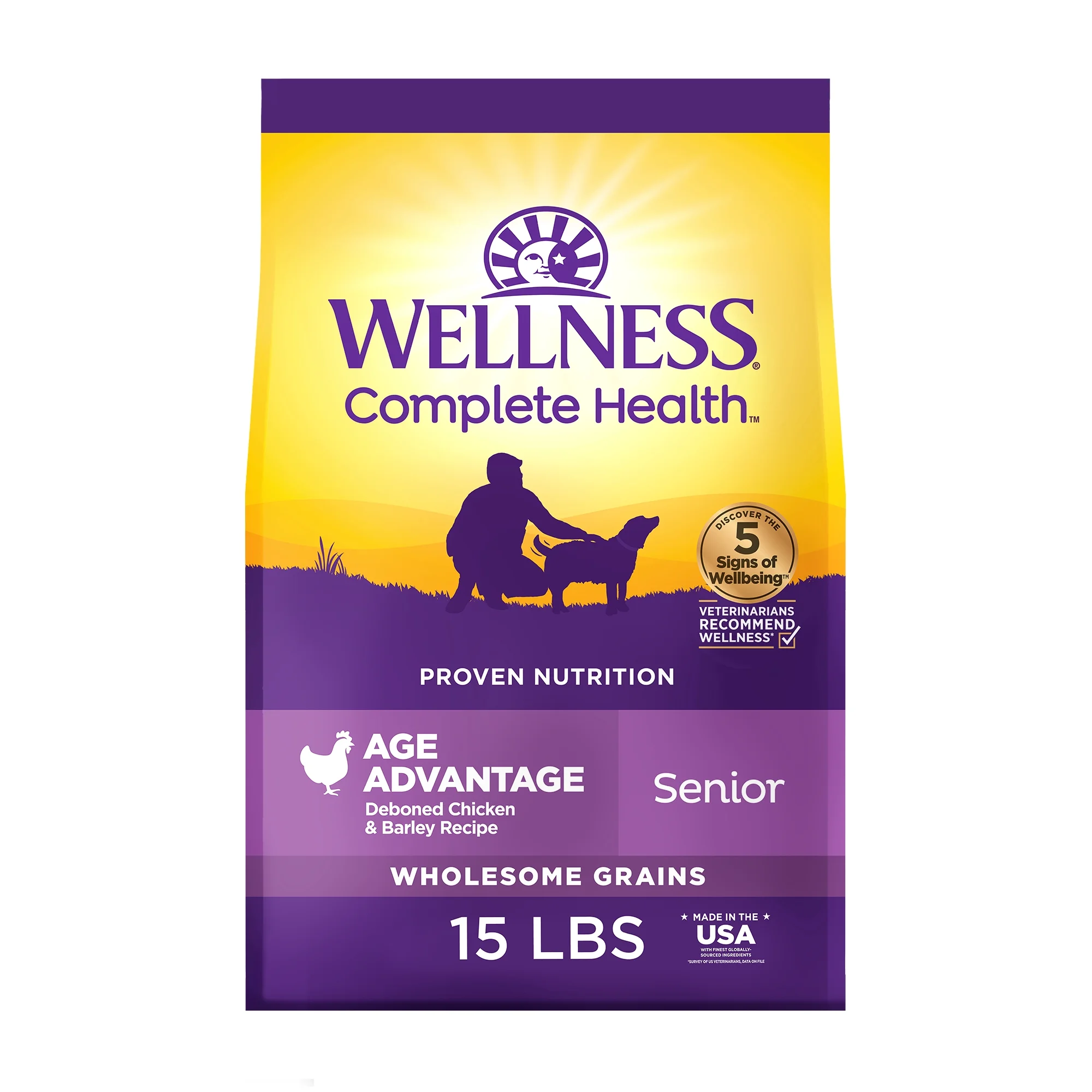 Wellness Complete Health Senior Dry Dog Food, Wholesome Grains, Natural, Age Advantage Chicken & Barley Recipe, (15-Pound Bag)