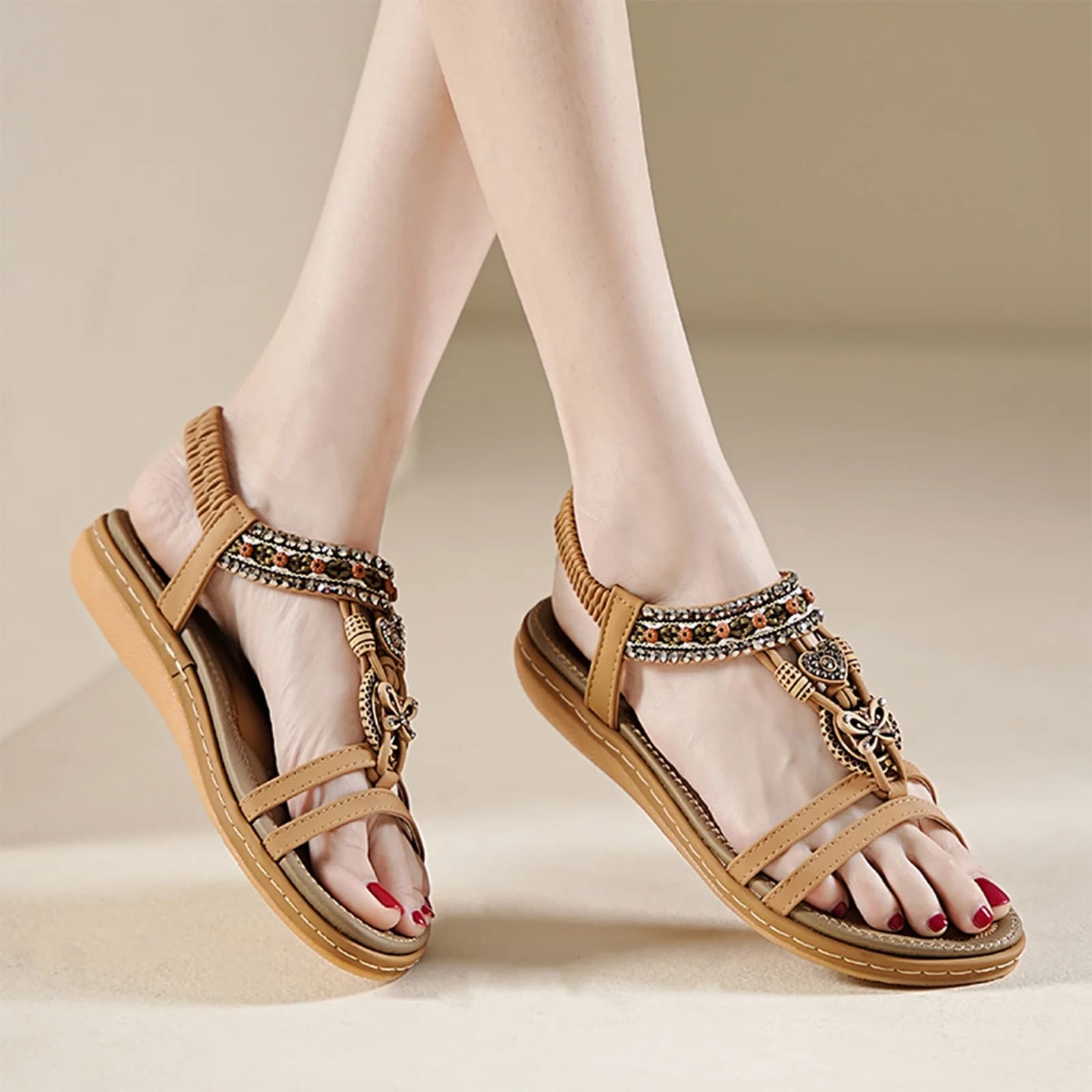 Womens Walking Sandals,Summer Sandals for Women 2026,Flat Sandals for Women,Wide Sandals for Women,Comfy Sandals for Women,Womens Sandals Comfortable Dressy with Elastic Ankle Strap,Camel,5.5