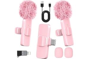HONGJIEYUAN Pink Wireless Lavalier Microphone for iPhone & Android - Mini Clip-On Mic with Noise Cancellation, 65ft Range, 8H