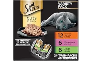Sheba Perfect Portions Wet Cat Food Cuts in Gravy, Roasted Chicken Entree, with Sustainable Salmon, Tender Turkey Entree, 2.6