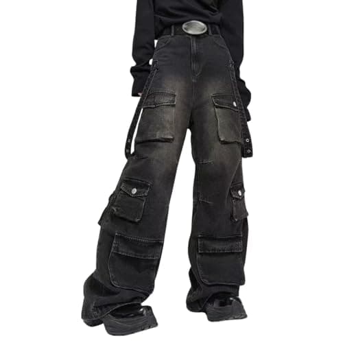 Hugboom Baggy Cargo Pants for Men Women Wide Leg Jeans Y2k Hip Hop High Waisted Pants Casual Streetwear Grunge Clothes Black (L)