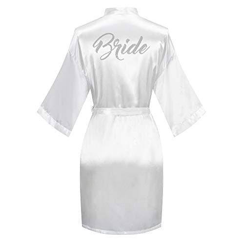 Polar Rabbit Women's Short Satin Bathrobe One Size Silver Rhinestones Bride Bridesmaid Kimono Robes for Wedding Party Getting Ready Bride White