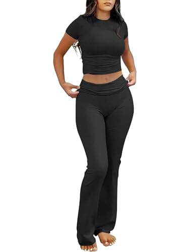 ANRABESS Lounge Sets for Women 2 Piece Foldover Yoga Flare Leggings Pants Crop Tops Casual Y2K Outfits Matching Tracksuit Set Black Small