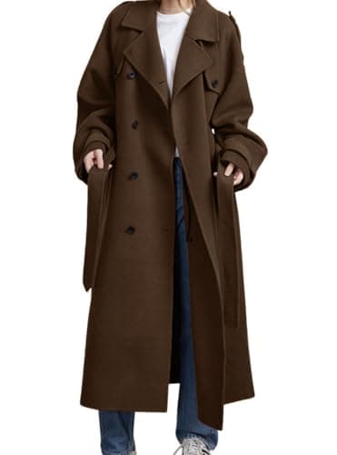 chouyatou Women's Winter Double Breasted Wool Coat Long Sleeve Notch Lapel Midi Long Winter Trench Coat with Belt (Medium, Brown)