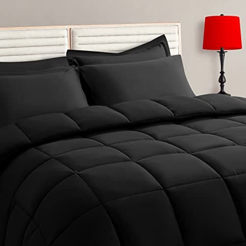 Twin Size Comforter Set - 5 Pieces, Bed in a Bag Bedding Sets with All Season Soft Quilted Warm Fluffy Reversible Comforter,Flat Sheet,Fitted Sheet,1 Pillow Shams,1 Pillowcases,Black
