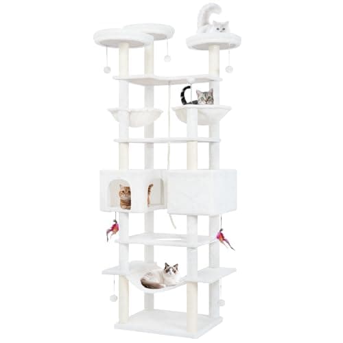 71in Multifunctional Multi-Level Cat Tree Tower for Indoor Cats,Cat Tree with Hammock,2 Condos,2 Hanging Baskets,2 Feather Toys,3 Perches,5 Hanging Balls,7 Scratching Posts,Beige