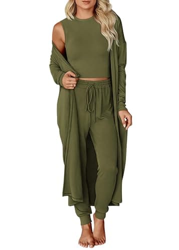 KIRUNDO 3 Piece Lounge Sets for Women Airplane Travel Outfits 2025 Fall Cardigan Sleeveless Top Pants Sets Matching Clothing(Army Green, X-Large)