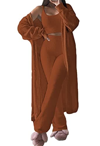 TOLENY 3 Piece Fuzzy Outfits Sets for Women Cardigan Crop Tank Wide Leg Pants Sweatsuit Lounge Sets Brown XL