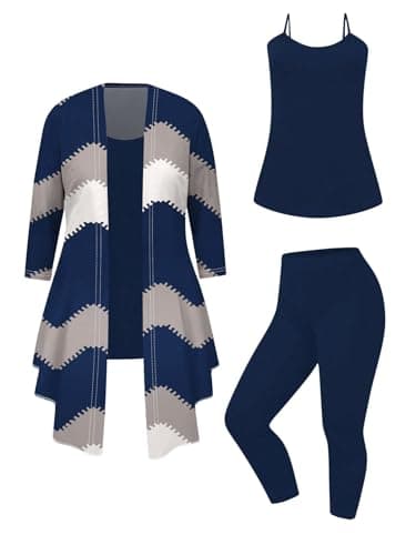 SOLY HUX Women's Plus Size 3 Piece Yoga Outfits Color Block Print Cardigan and Cami Tops with Pants Activewear Set Multi Geometric 2XL