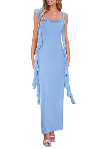 PRETTYGARDEN Women's Summer Long Formal Wedding Guest Dress Sleeveless Ruffle Cocktail Party Maxi Bodycon Dresses (Light Blue,Medium)
