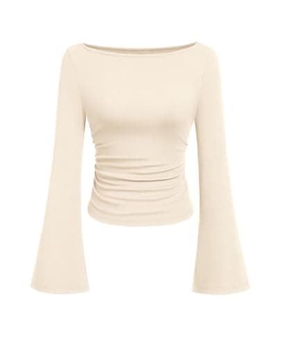 PRETTYGARDEN Women's Long Sleeve Shirts 2025 Fall Crop Going Out Tops Casual Boat Neck Bell Sleeve Ribbed Ruched Y2K Clothes (Beige,Small)