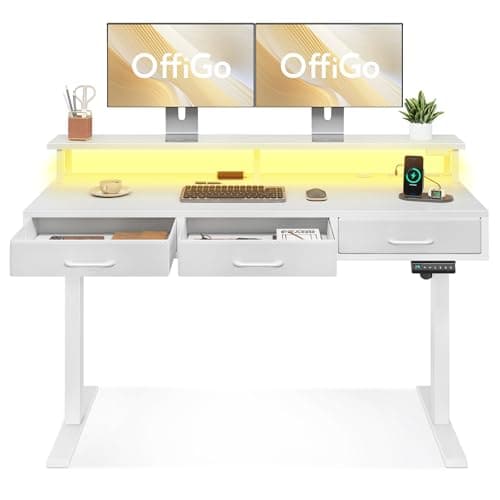 OffiGo Electric Standing Desk with Drawers, 55 Inch Height Adjustable Desk with Power Outlets & LED Lights, Sit Stand Table with Monitor Stand for Home, Office, Workstation, White