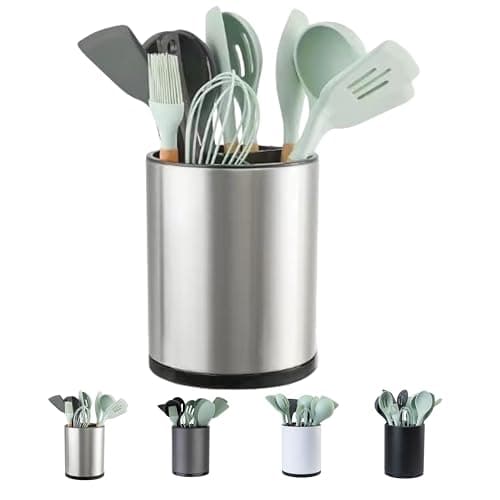 LIBODOUR Kitchen Utensil Holder Extra Large 360°Rotating For Counter Organizer Stainless Steel Storage Cooking Silverware Caddy 3 Compartment Flatware Spoon Spatula Tool Cutlery Container(Silvery)