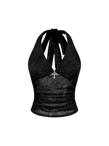 Verdusa Women's Y2k Gothic Goth Halter Top Mesh Sheer Backless Crop Tops Emo Grunge Witchy Clothes Halloween Costumes Black Large