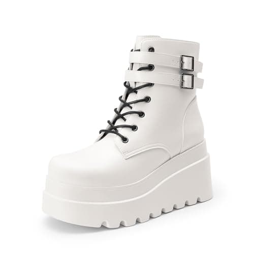 DREAM PAIRS Women Platform Combat Ankle Boots Goth Chunky High Heel Lace Up Motorcycle Booties,Size 9,White,DWUMAB2519