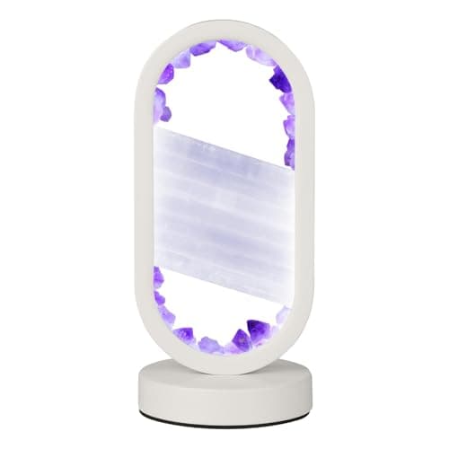 GC QUILL Natural Amethyst and Selenite Crystal Healing Night Table Lamp –3-Color Dimmable Mood Lighting for Meditation Relaxation and Restful Sleep, Purple Crystal Bedroom Decor