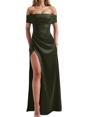 Memoriesea Women's Elegant Off Shoulder High Split Bodycon Evening Wedding Maxi Dress Army Green