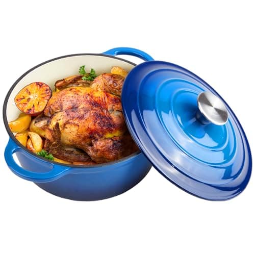 6 Quart Dutch Oven Enameled Cast Iron with Lid - Big Dual Handles - Oven Safe up to 500°F - Classic Round Pot for Versatile Cooking (Blue, 6 QT)
