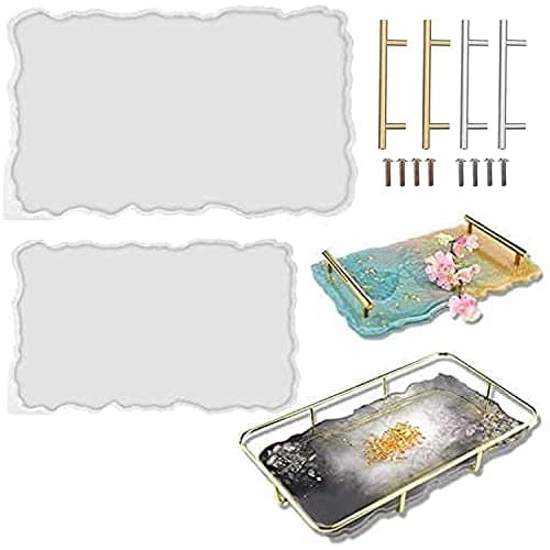 RESINWORLD 2 Size 14 inches XL Large Tray Silicone Molds Epoxy Resin Geode Tray Mold with Gold & Silver Handles DIY for Making Tray (Rectangle)