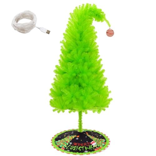 Christmas Tree 6ft, Top Curved 6ft Upright 7ft Lime Green Xmas Tree with Tree Skirt, Easy Setup Whimsical Artificial Christmas Tree for Christmas Decorations