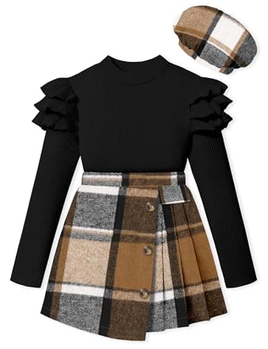 MIGU Girls Clothes Size 8-10 Skirt Set Fall Winter Black Ruffle long Sleeve Tops+Brown Plaid Skirt Shorts+Hat Girls Clothing Sets 3Pcs Outfits