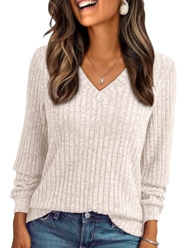 AUTOMET Womens V Neck Long Sleeve Shirt Fall Fashion Tops Tunic Dressy Casual Sweater Clothes Cute Trendy Work Outfits 2025 Apricot L