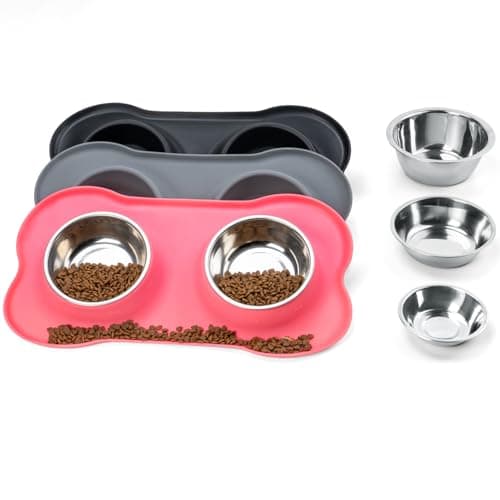 Conlun Dog Bowls with Silicone Feeding Mat, No Spill Food Water Dish Set, Dishwasher Safe, 2 Stainless Steel Puppy Bowls, Suitable for Tiny Dogs Kittens Cats Rabbits Pets under 8lbs, Extra Small, Pink