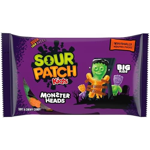 SOUR PATCH KIDS Big Kids Monster Heads Individually Wrapped Soft & Chewy Halloween Candy, 10 oz
