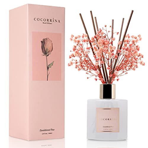 Cocorrína Premium Reed Diffuser Set with Preserved Baby's Breath & Cotton Stick Sandalwood Rose | 6.7oz Scent Fragrance Oil Diffuser for Bedroom Bathroom Home Décor