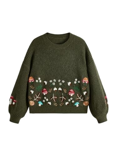 SHENHE Women's Oversized Embroidered Mushroom Sweater Crewneck Chunky Knit Sweater Pullover Army Green X-Large