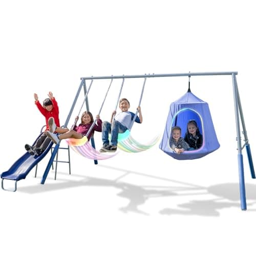 Sportspower Shooting Star Metal Swing Set w/ 2 LED Swings, Padded Saucer Swing with LED Light up Tent and 5' Double Wall Blow Molded Slide